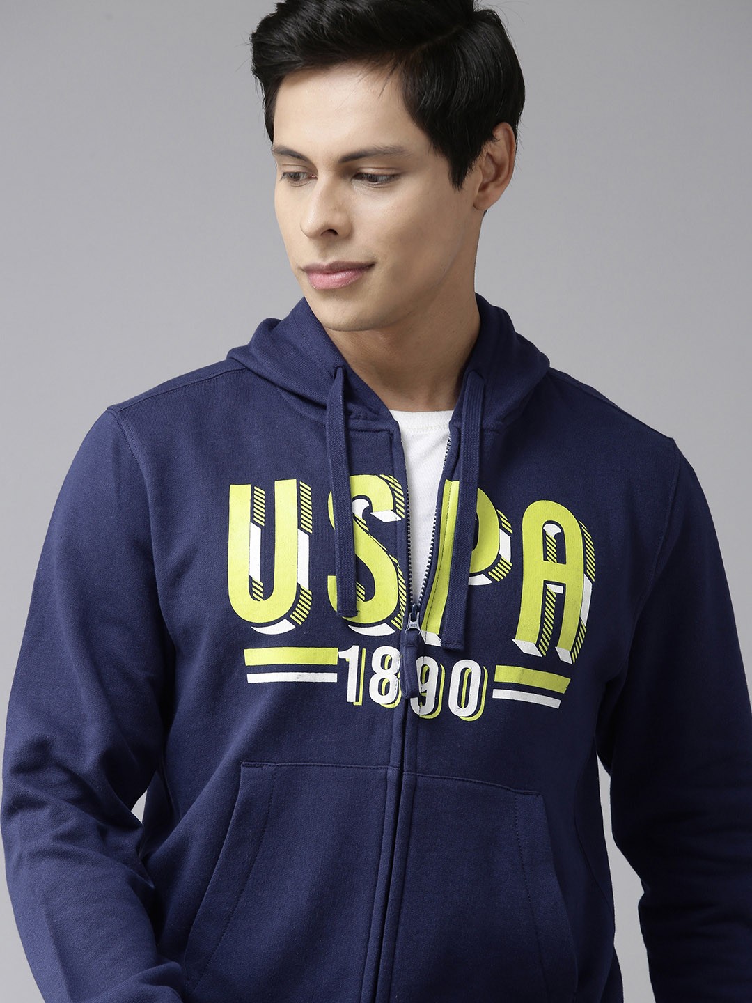 

U.S. Polo Assn. Men Navy Blue & Yellow Cotton Brand Logo Print Hooded Sweatshirt