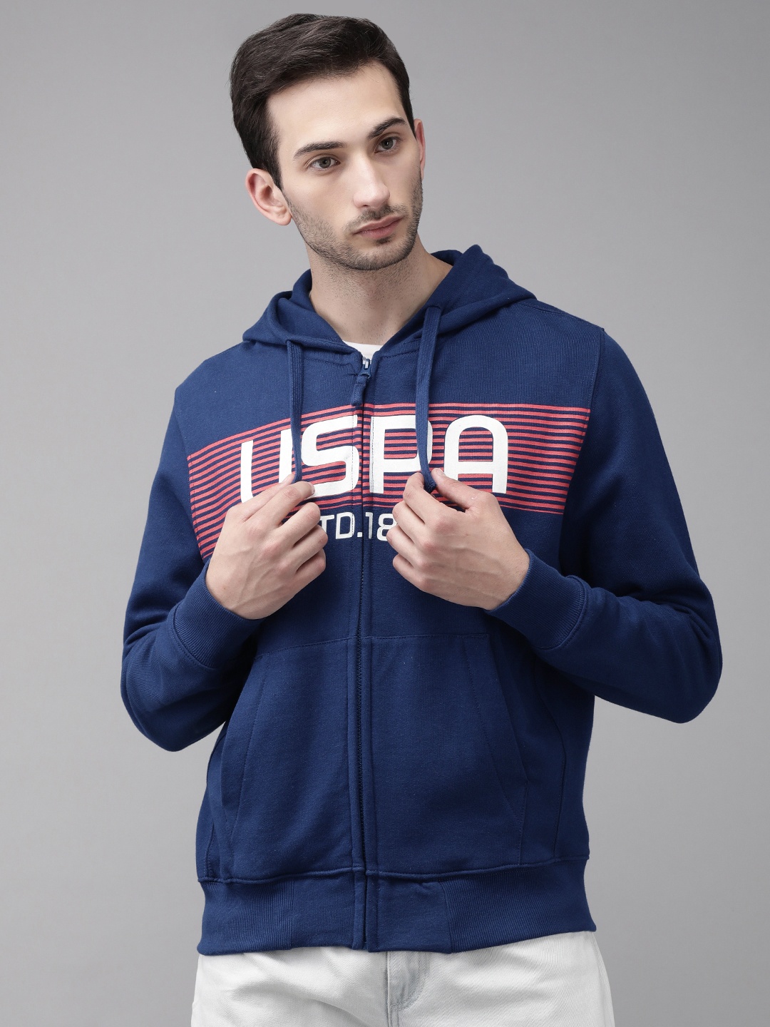 

U S Polo Assn Men Blue Printed Hooded Sweatshirt