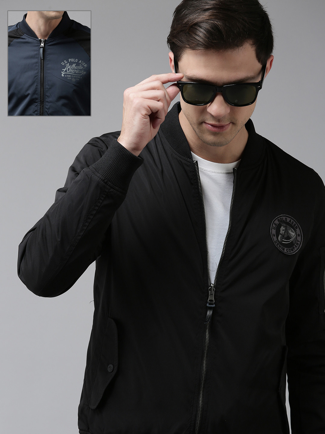 

U S Polo Assn Denim Co Men Black Brand Logo Reversible Biker Jacket