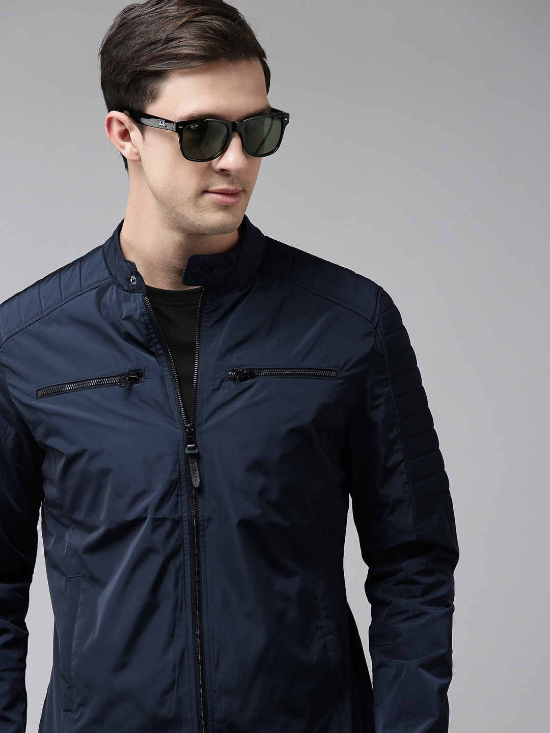 

U S Polo Assn Denim Co Men Navy Blue Solid Biker Jacket Without Rib With Quilted Detai