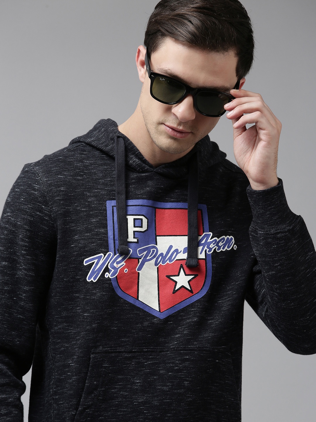 

U S Polo Assn Men Charcoal Brand Logo PrintedPure Cotton Hooded Sweatshirt
