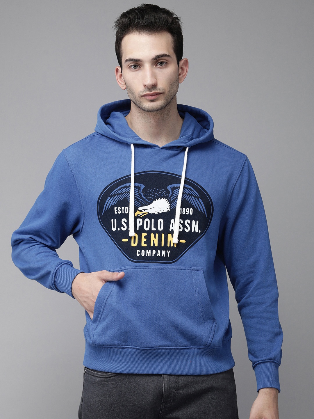 

U S Polo Assn Men Blue Logo Printed Hooded Sweatshirt
