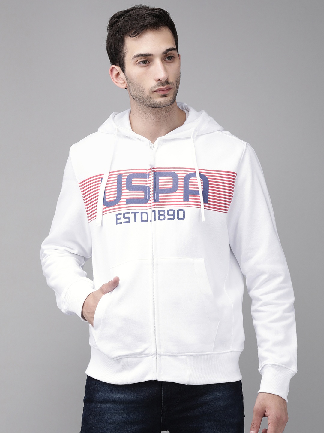

U S Polo Assn Men White Brand Logo Printed Hooded Pure Cotton Sweatshirt