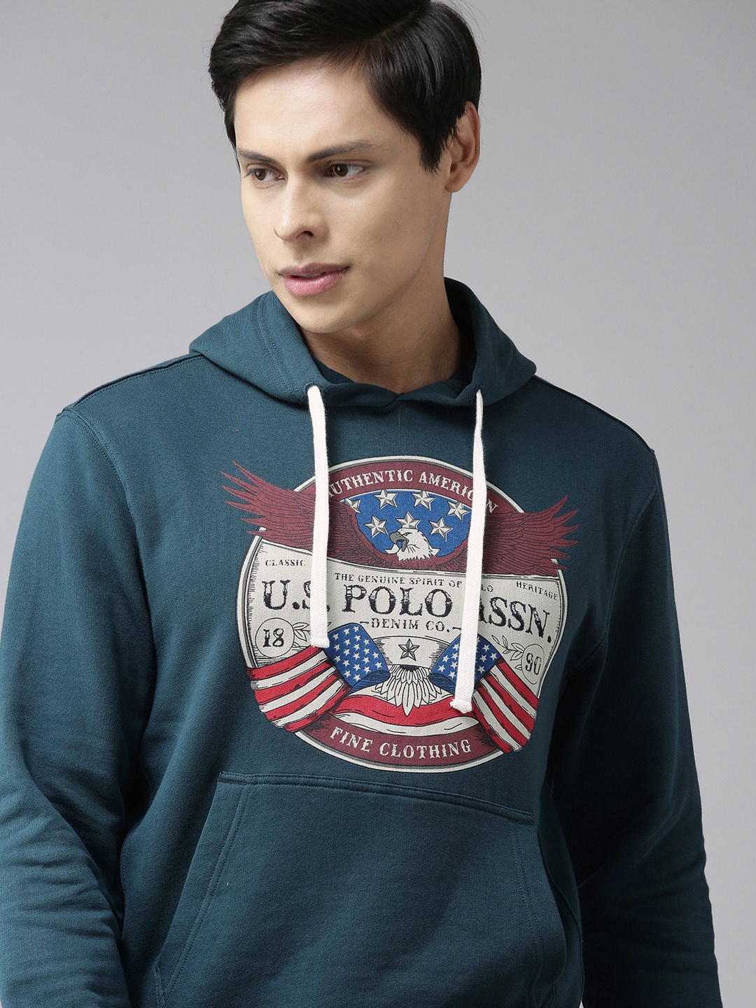 

U S Polo Assn Men Teal Blue & Off-White Cotton Brand Logo Print Hooded Sweatshirt