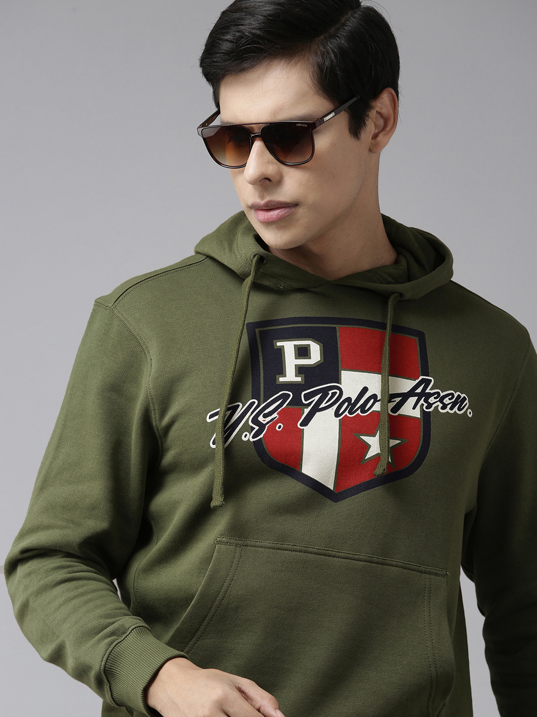 

U S Polo Assn Men Olive Green Logo Printed Hooded Sweatshirt