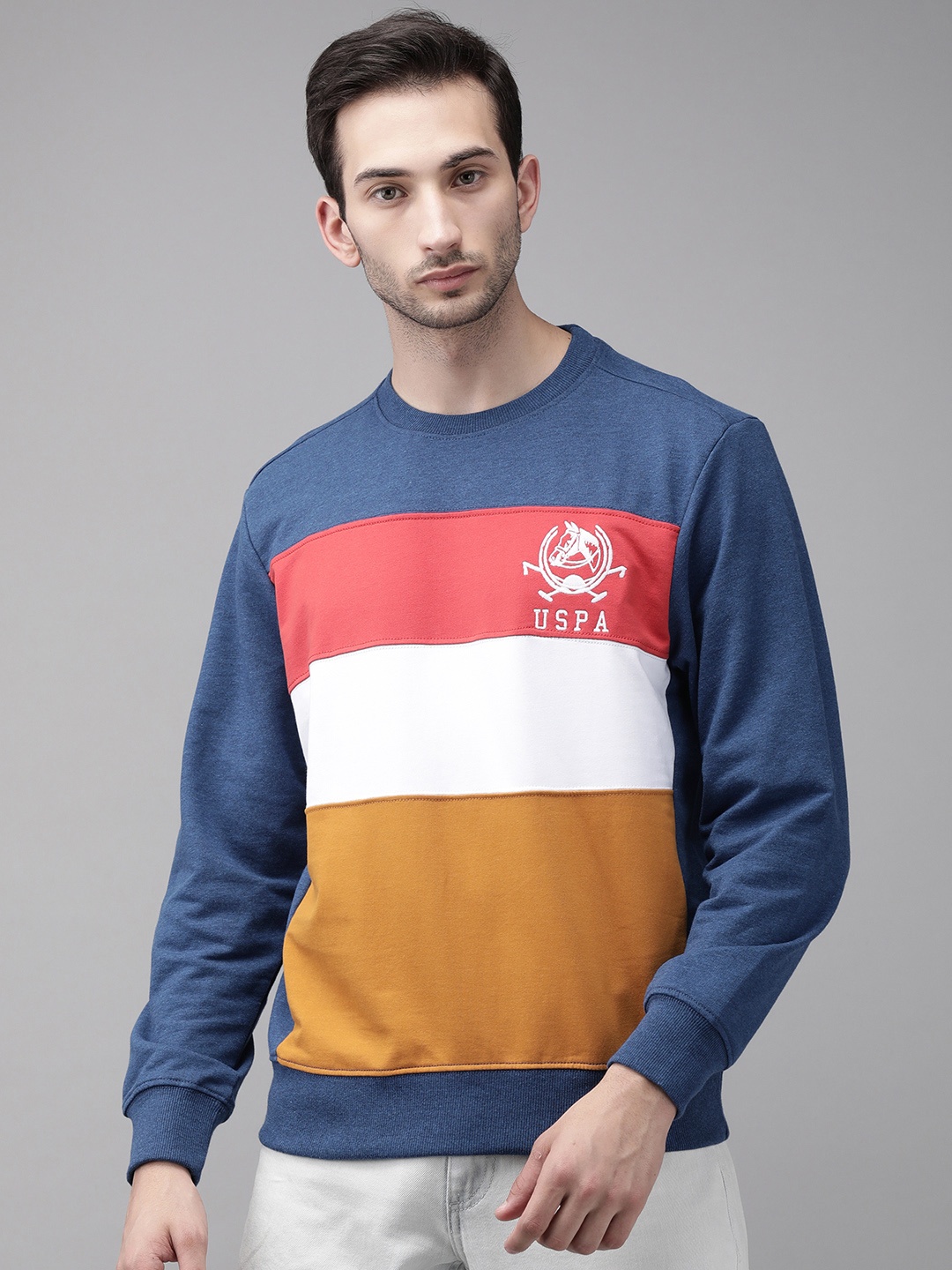 

U.S. Polo Assn. Men Navy Blue & Mustard Yellow Colourblocked Sweatshirt
