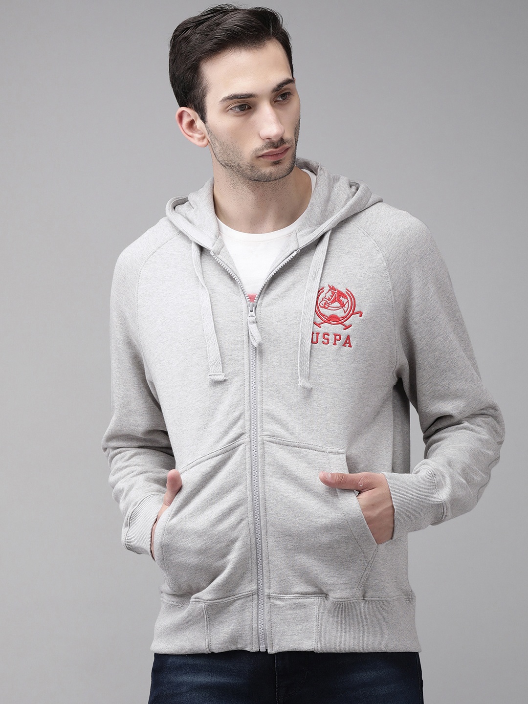 

U.S. Polo Assn. Men Grey Melange Solid Hooded Sweatshirt