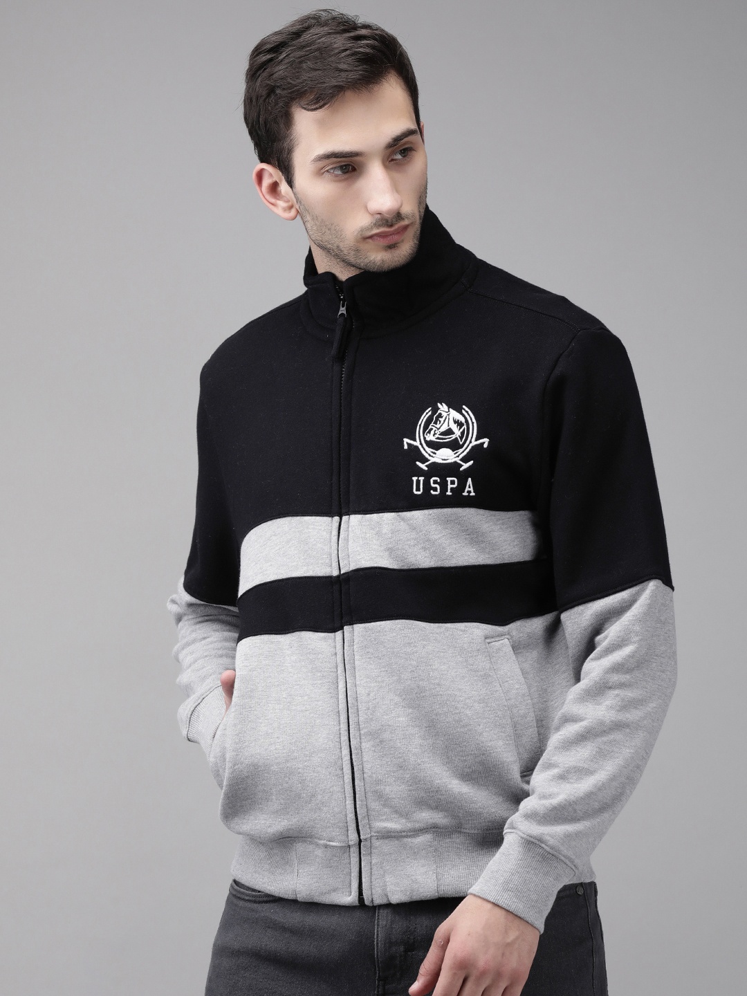 

U S Polo Assn Men Black & Grey Melange Colourblocked Sweatshirt with Logo