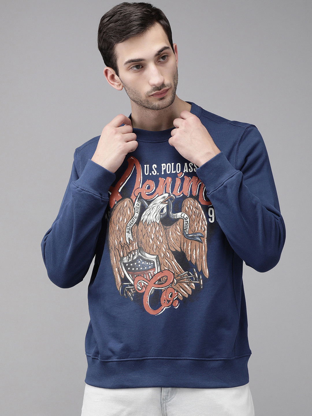 

U S Polo Assn Men Blue Graphic Printed Cotton Pullover Sweatshirt