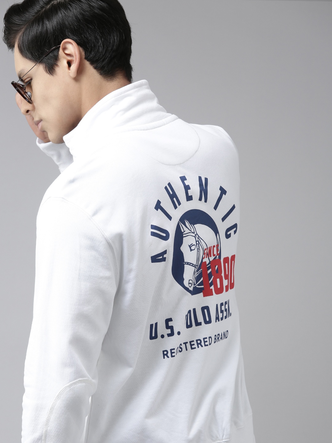 

U.S. Polo Assn. Men White & Navy Pure Cotton Brand Logo Printed Back Sweatshirt