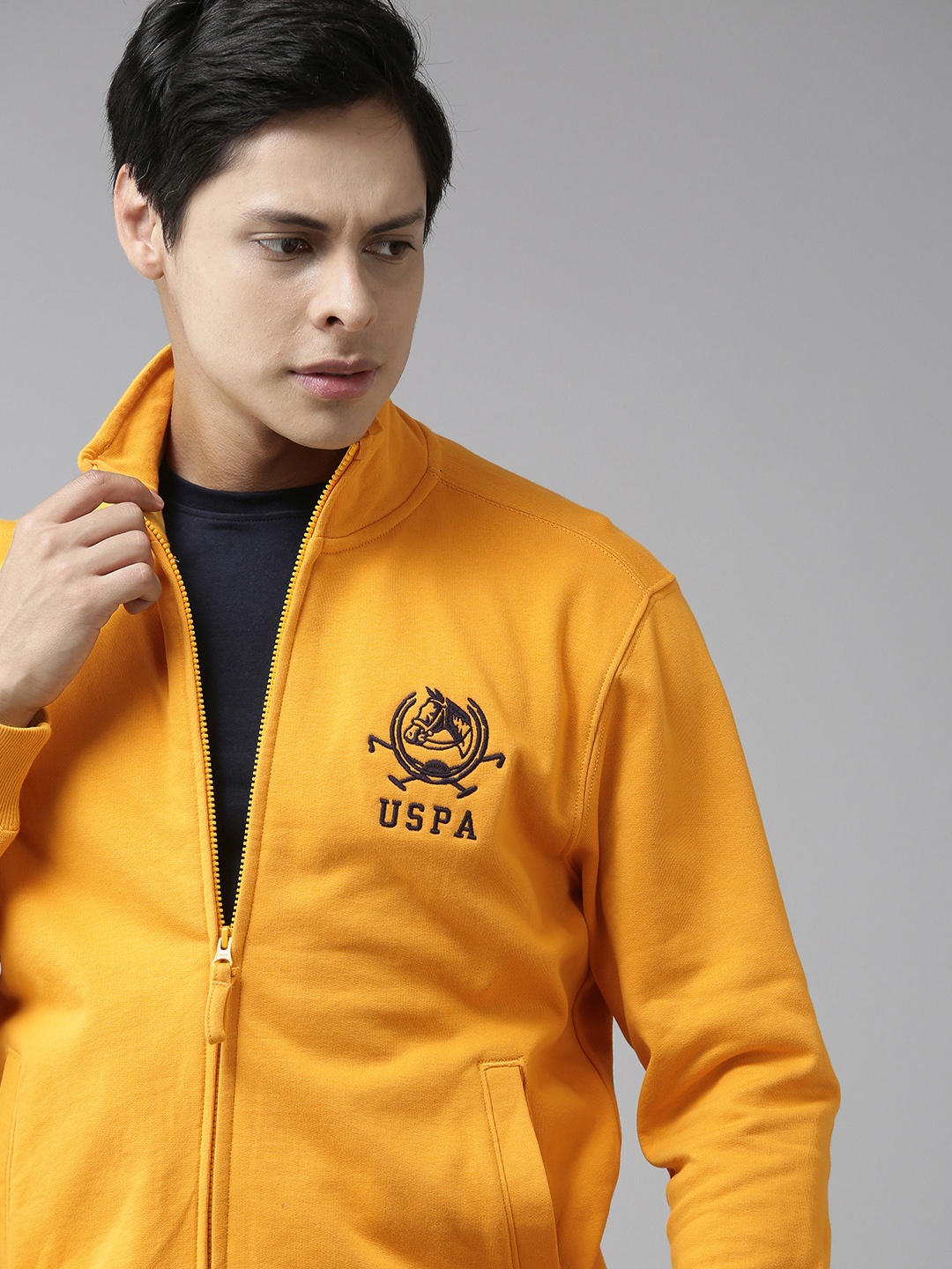

U S Polo Assn Men Mustard Yellow Logo Printed Open-Front Sweatshirt