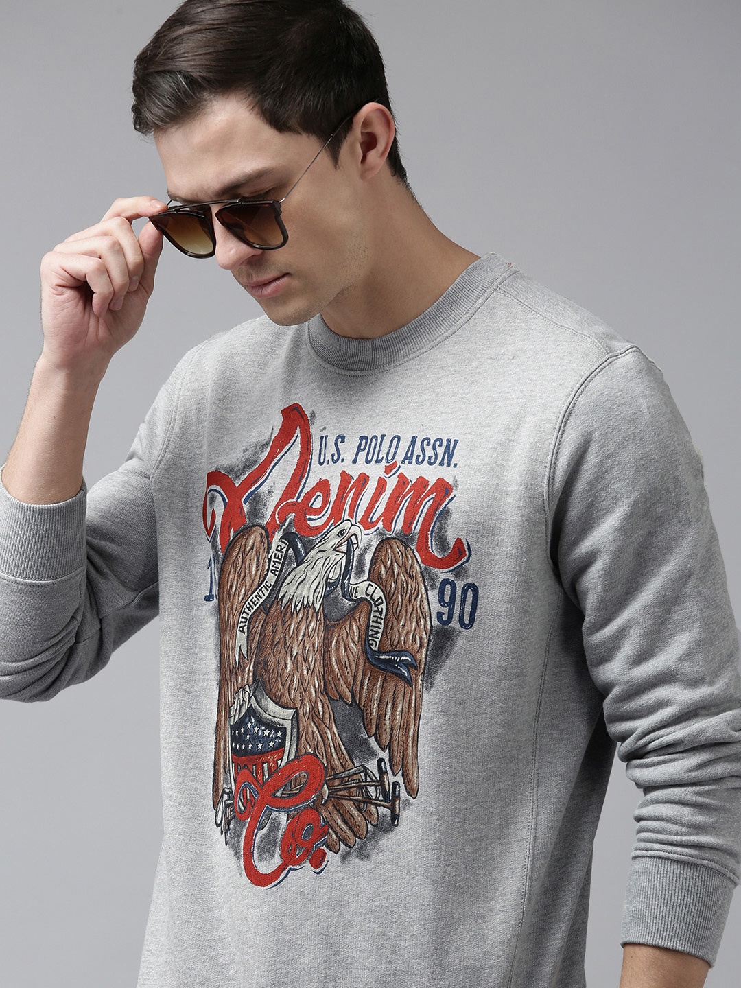 

U S Polo Assn Men Grey Melange Printed Cotton Sweatshirt