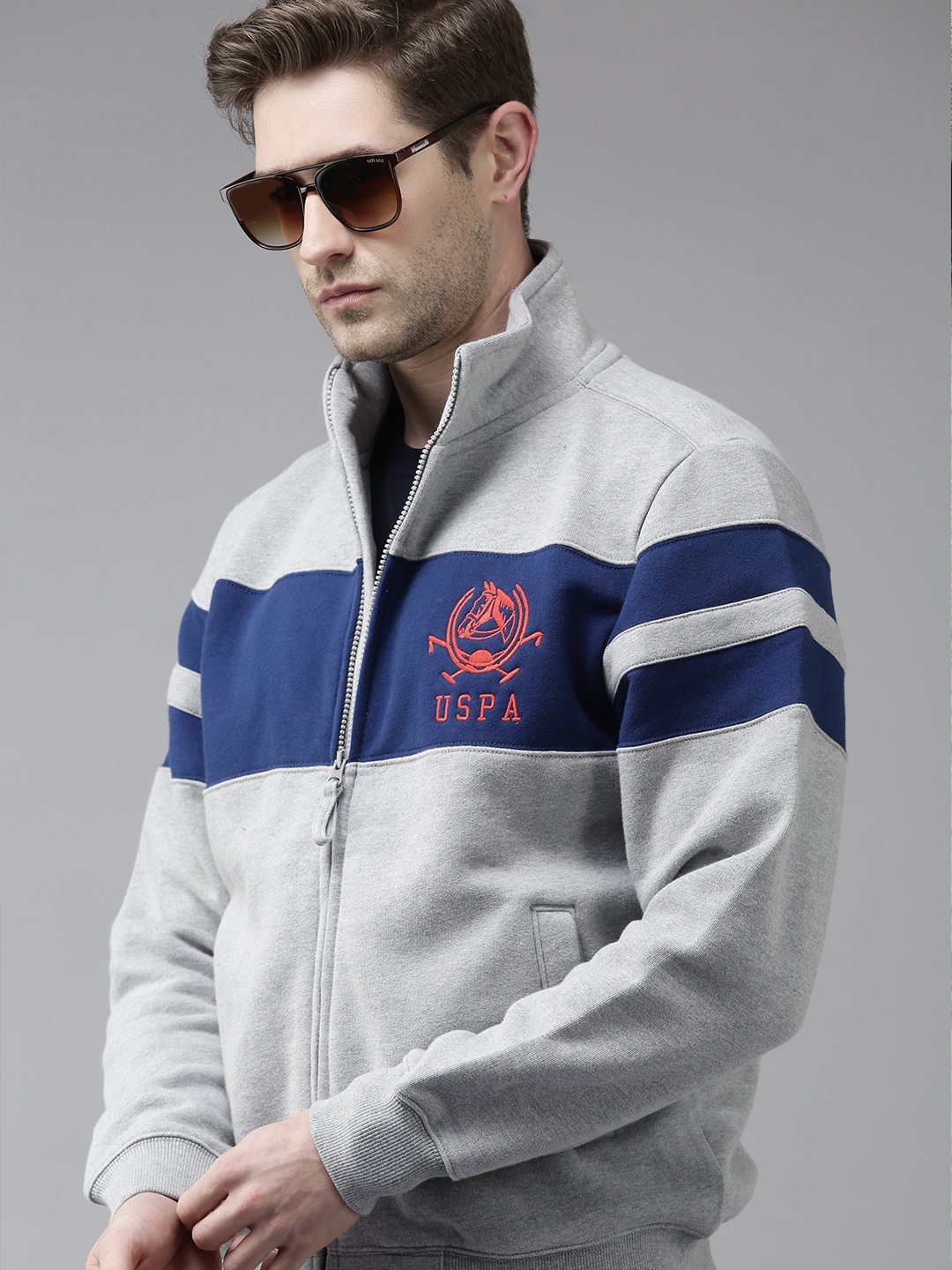

U S Polo Assn Men Grey & Blue Colourblocked Hooded Sweatshirt