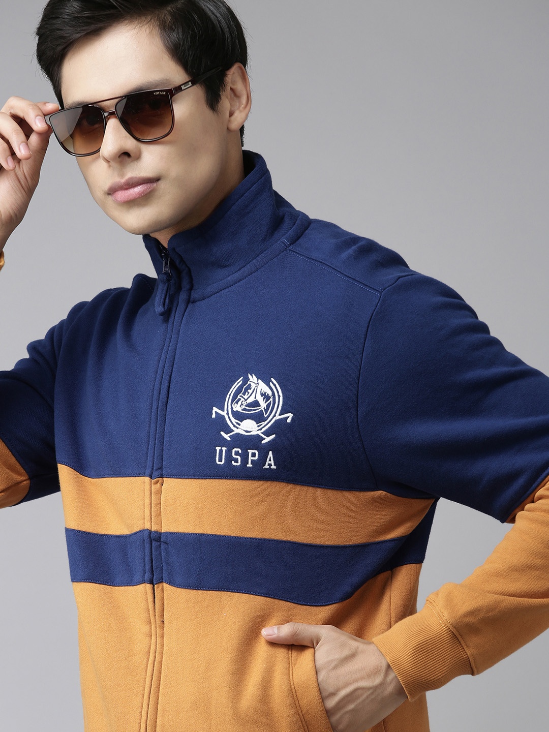 

U S Polo Assn Men Mustard Yellow & Navy Blue Colourblocked Sweatshirt