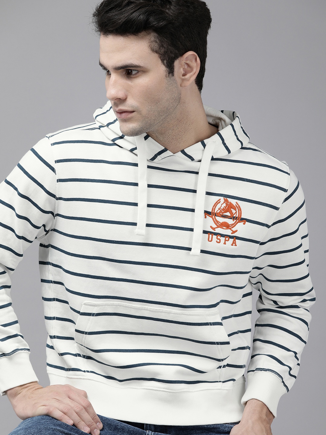 

U S Polo Assn Men White Striped Hooded Sweatshirt