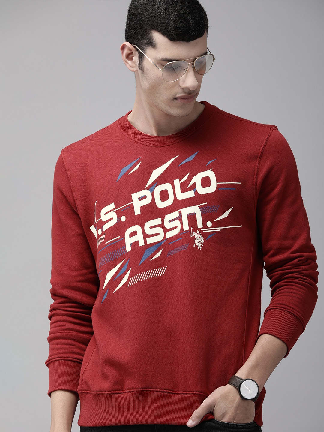 

U S Polo Assn Men Red Brand Logo Printed Pure Cotton Sweatshirt