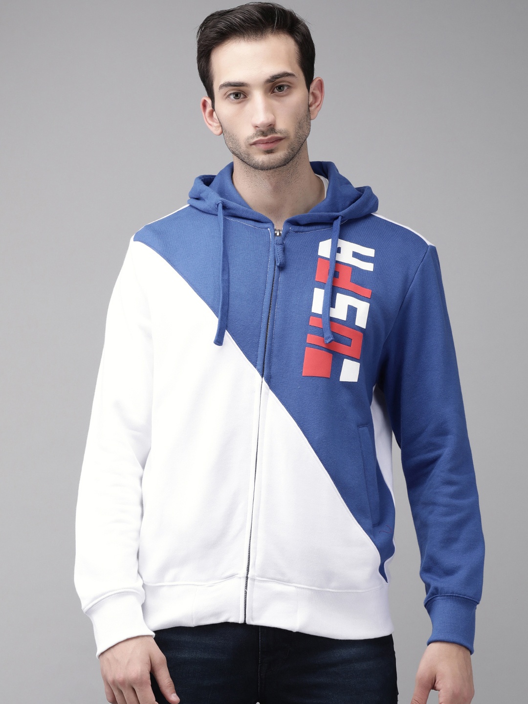 

U S Polo Assn Men White & Blue Colourblocked Hooded Sweatshirt