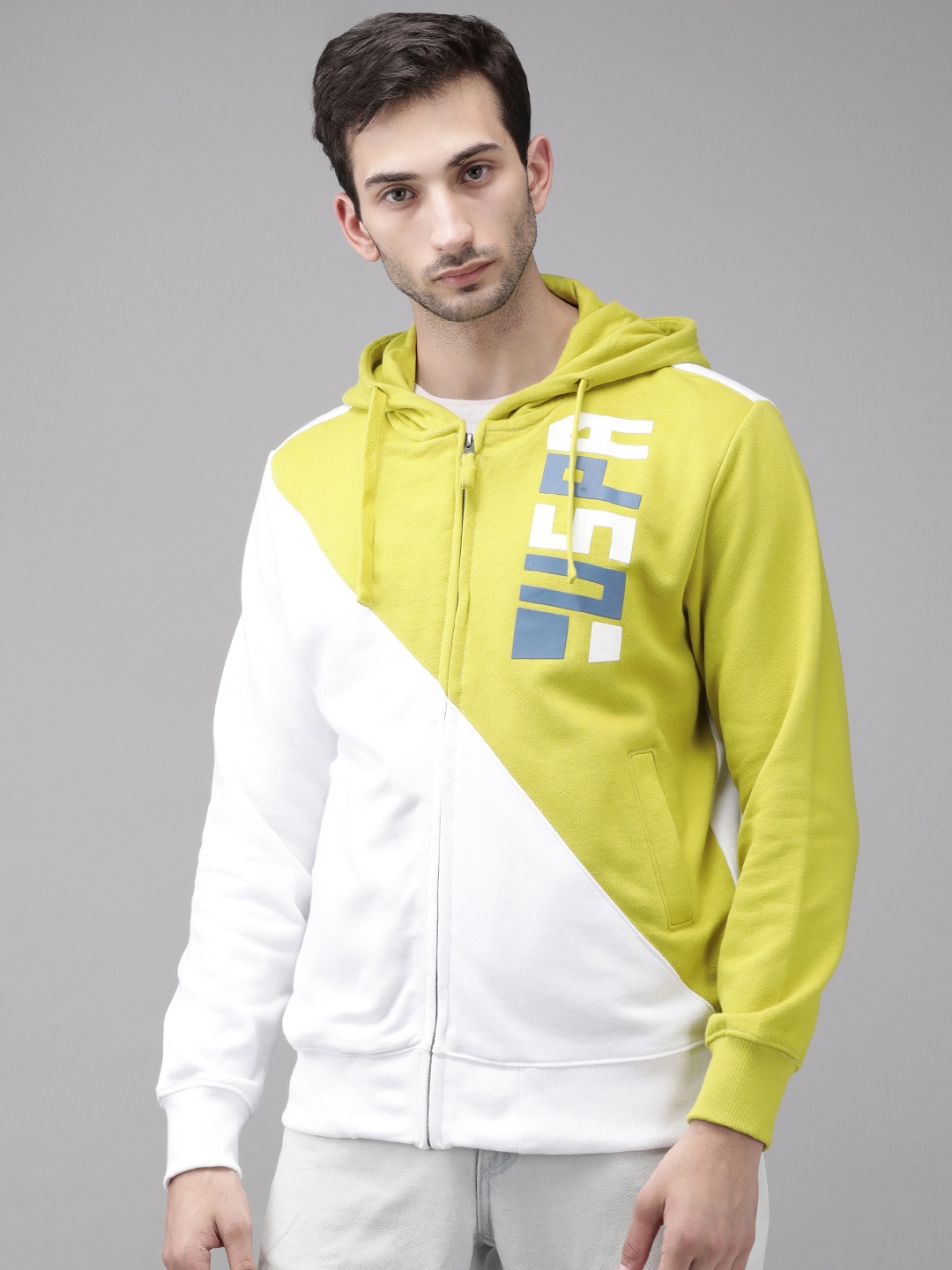 

U S Polo Assn Men Mustard And White Colourblocked Front-Open Cotton Hooded Sweatshirt