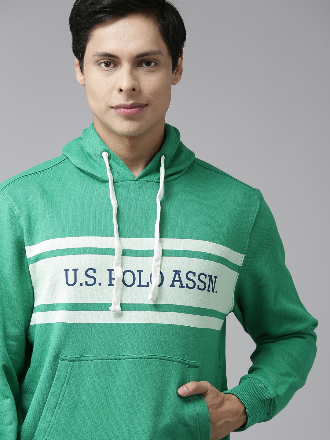 U S Polo Assn Men Green & White Cotton Brand Logo Print Hooded Sweatshirt