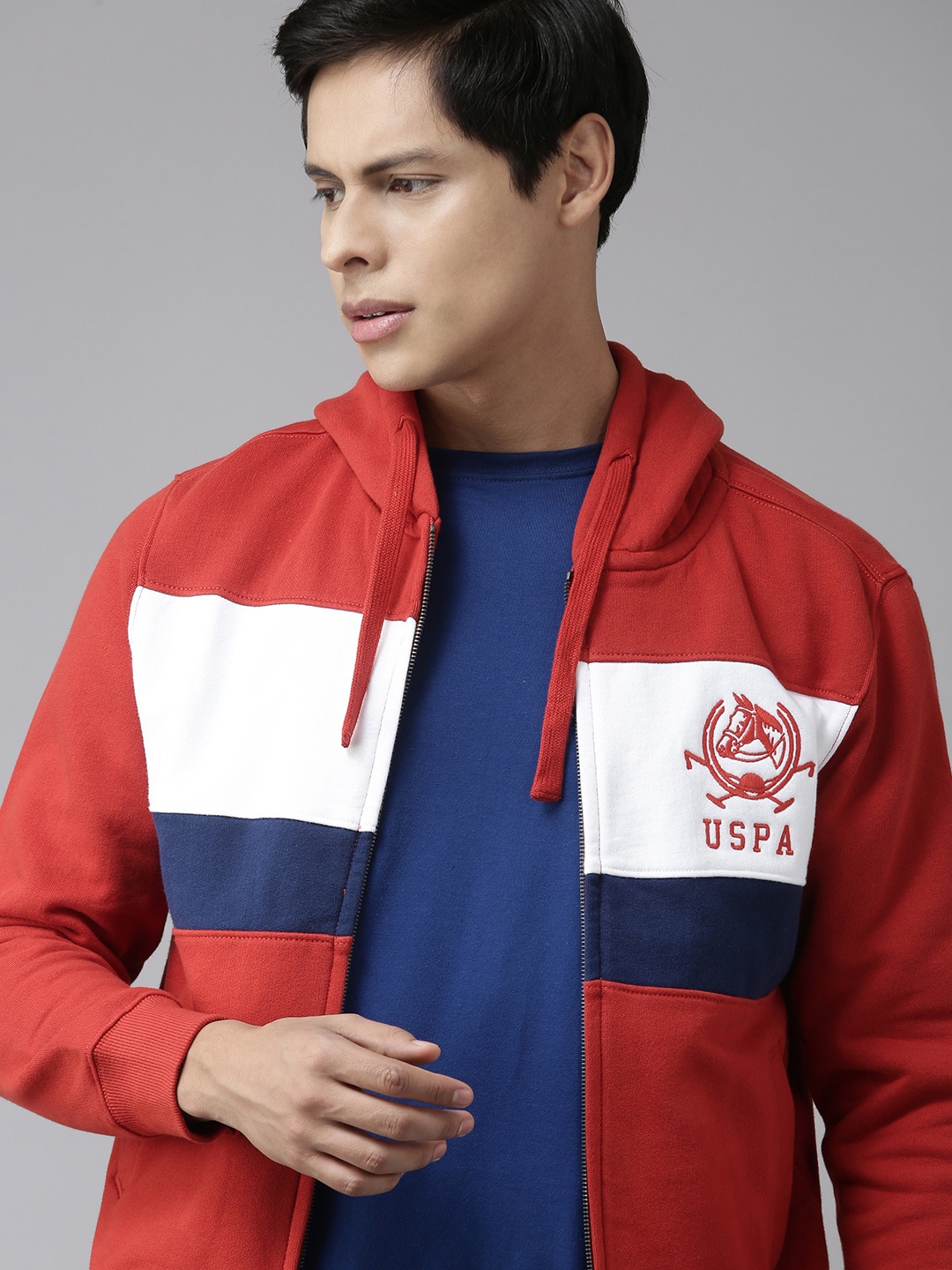 

U.S. Polo Assn. Men Red & White Cotton Colourblocked Hooded Sweatshirt