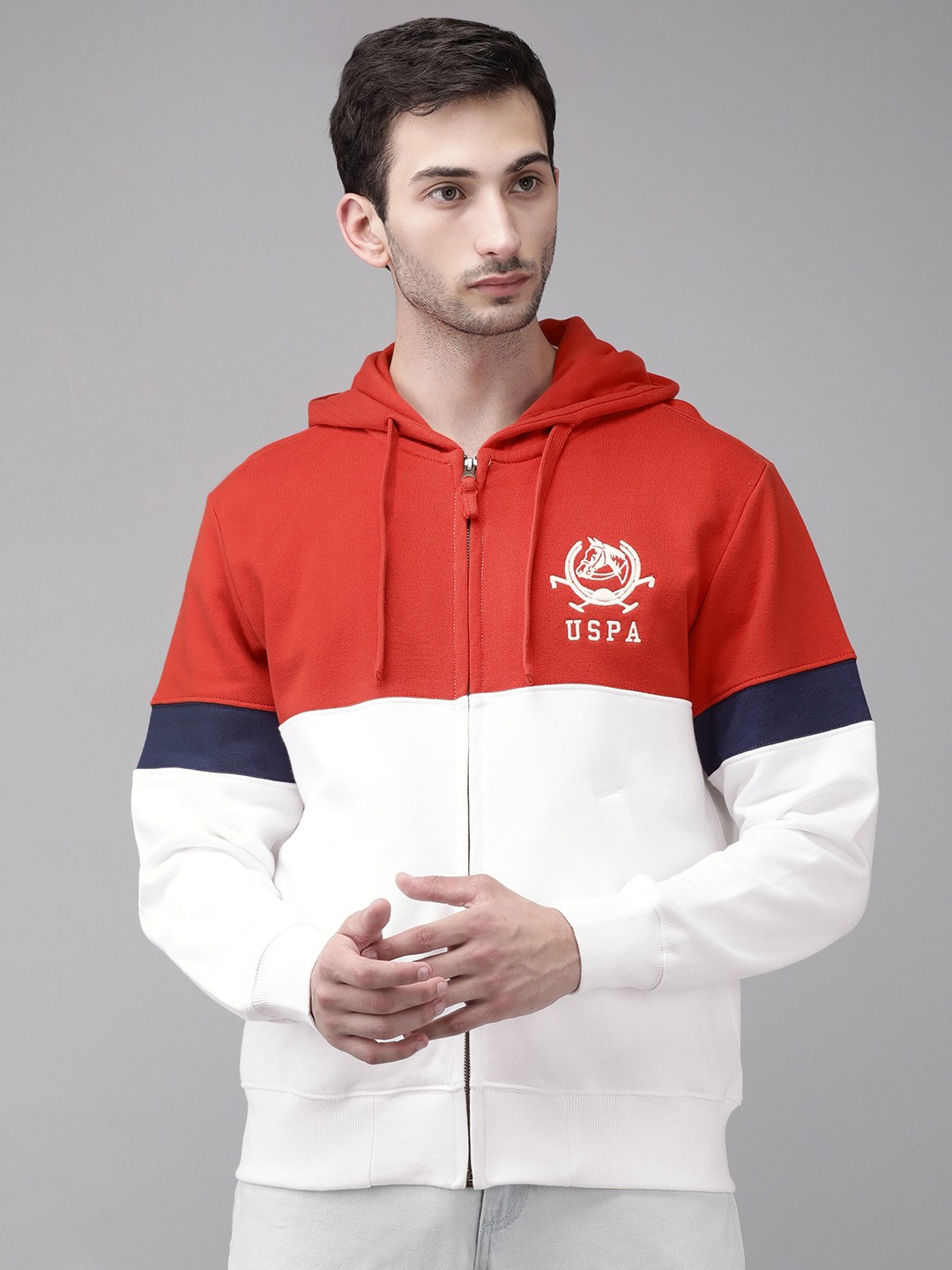 

U S Polo Assn Men Red And White Colourblocked Front-Open Cotton Hooded Sweatshirt