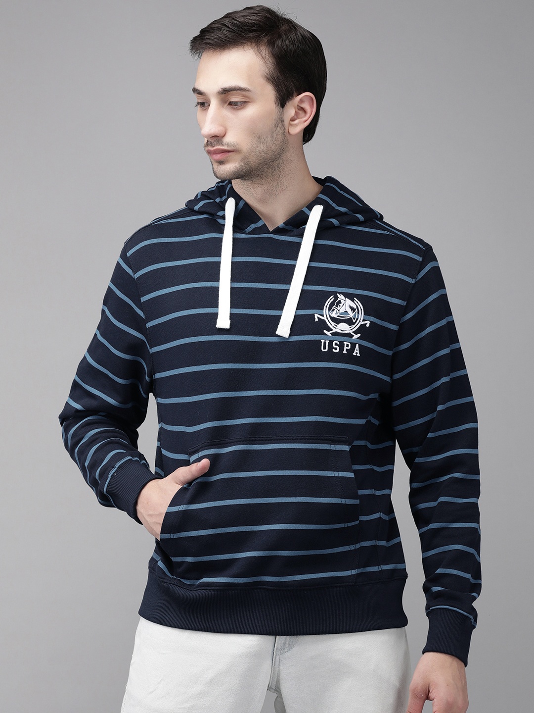 

U S Polo Assn Men Navy Blue Striped Hooded Pure Cotton Sweatshirt with Logo