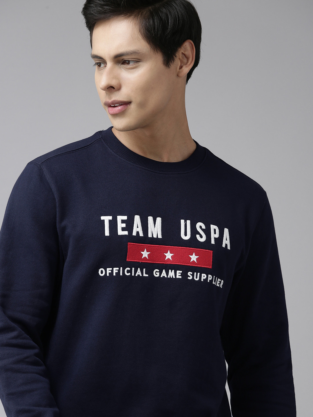 

U.S. Polo Assn. Men Navy Blue & White Pure Cotton Brand Logo Embroidered Sweatshirt