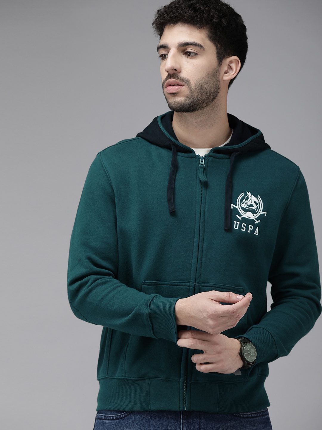 

U S Polo Assn Men Teal Green Embroidered Hooded Sweatshirt