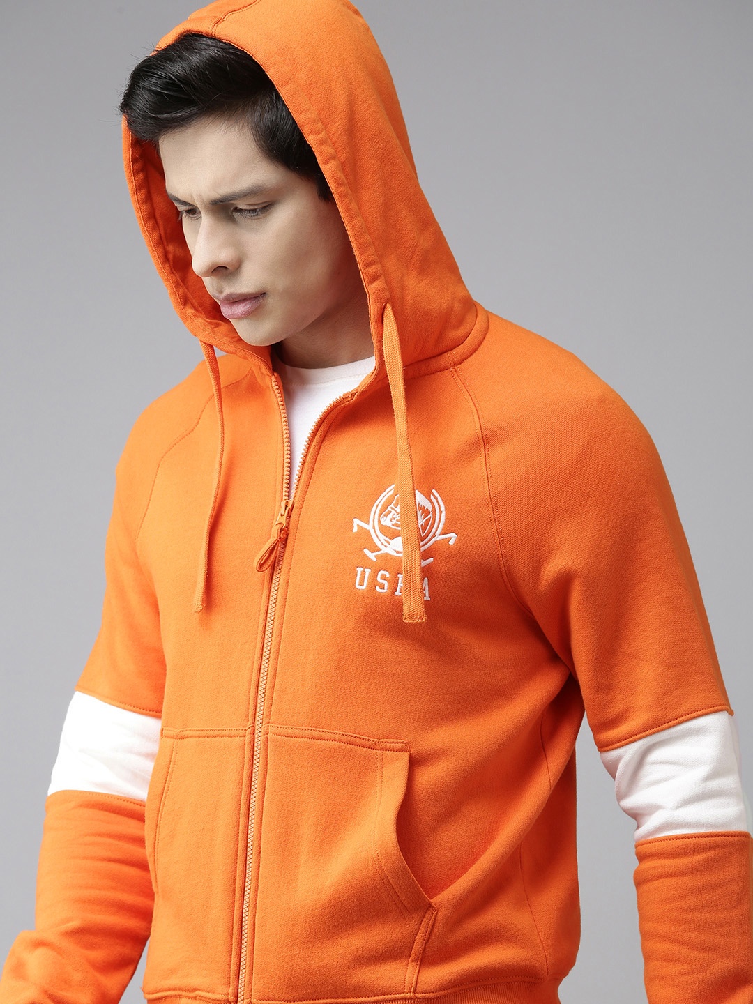 

U.S. Polo Assn. Men Orange Solid Pure Cotton Hooded Sweatshirt