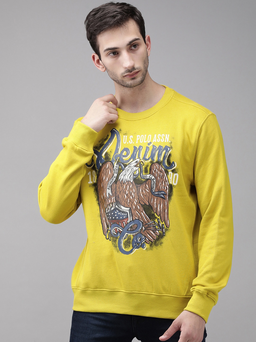 

U S Polo Assn Men Yellow Graphic Printed Cotton Pullover Sweatshirt