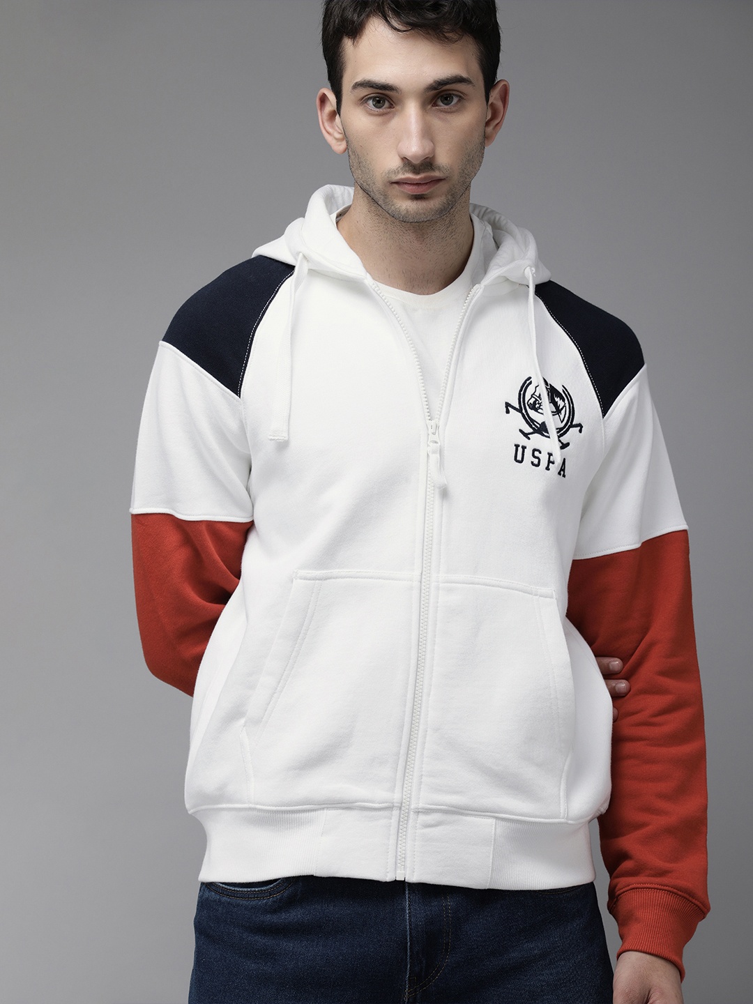 

U S Polo Assn Men White Colourblocked Front-Open Hooded Sweatshirt