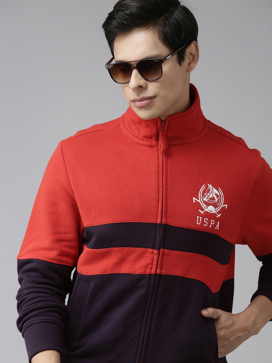 

U S Polo Assn Men Red & Navy Blue Colourblocked Sweatshirt