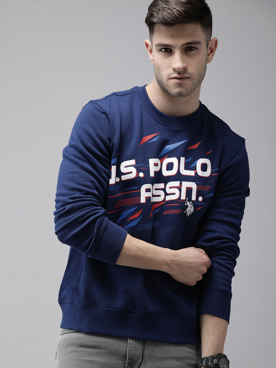 

U S Polo Assn Men Navy Blue Brand Logo Printed Pure Cotton Sweatshirt