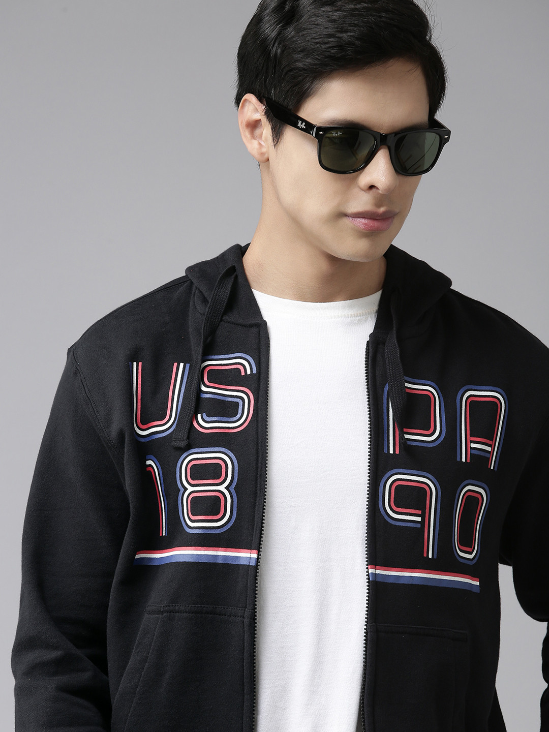 

U.S. Polo Assn. Men Navy Blue Cotton Brand Logo Print Hooded Sweatshirt