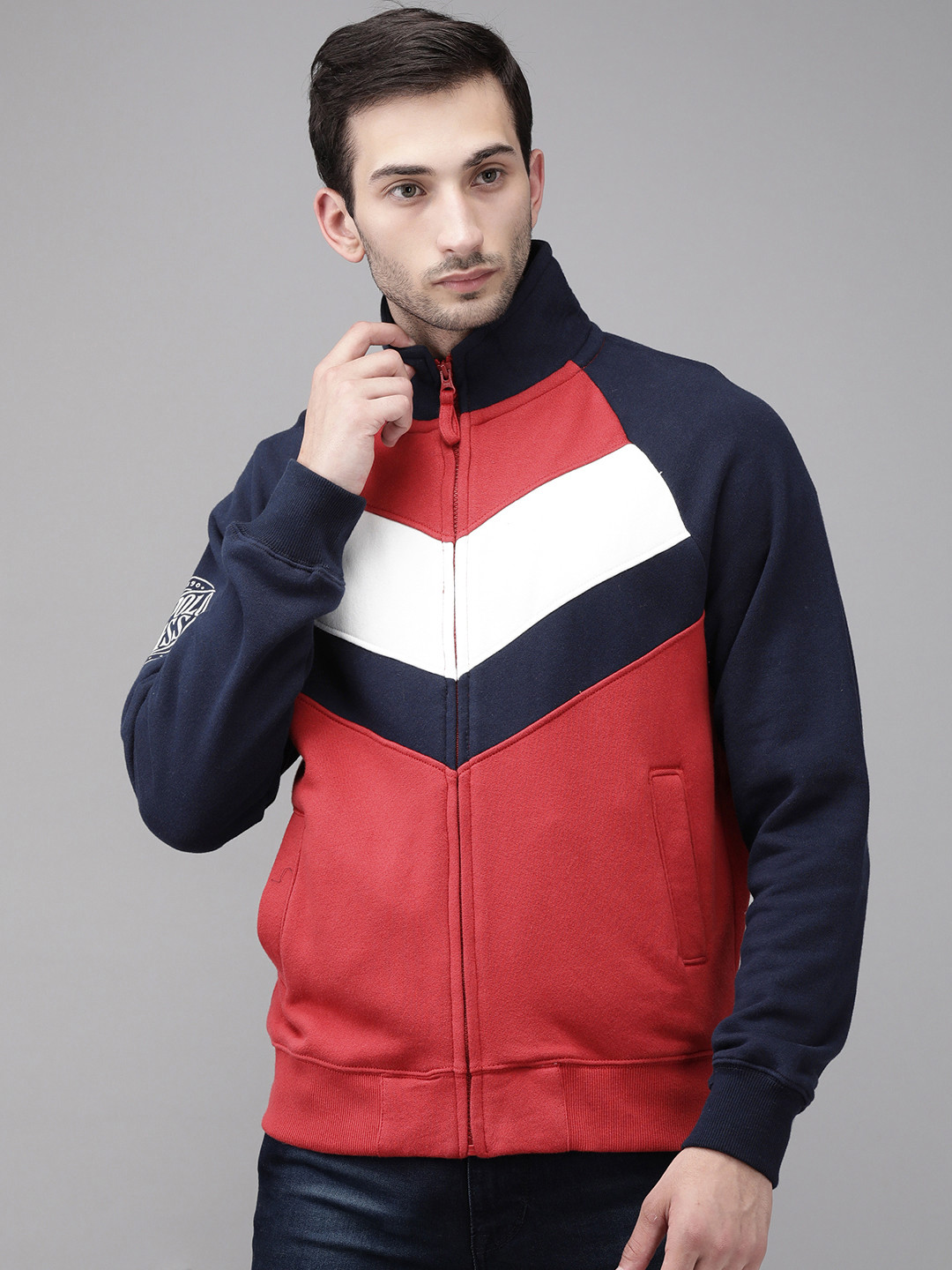 

U S Polo Assn Men Red And Navy-Blue Colourblocked Front-Open Cotton Sweatshirt