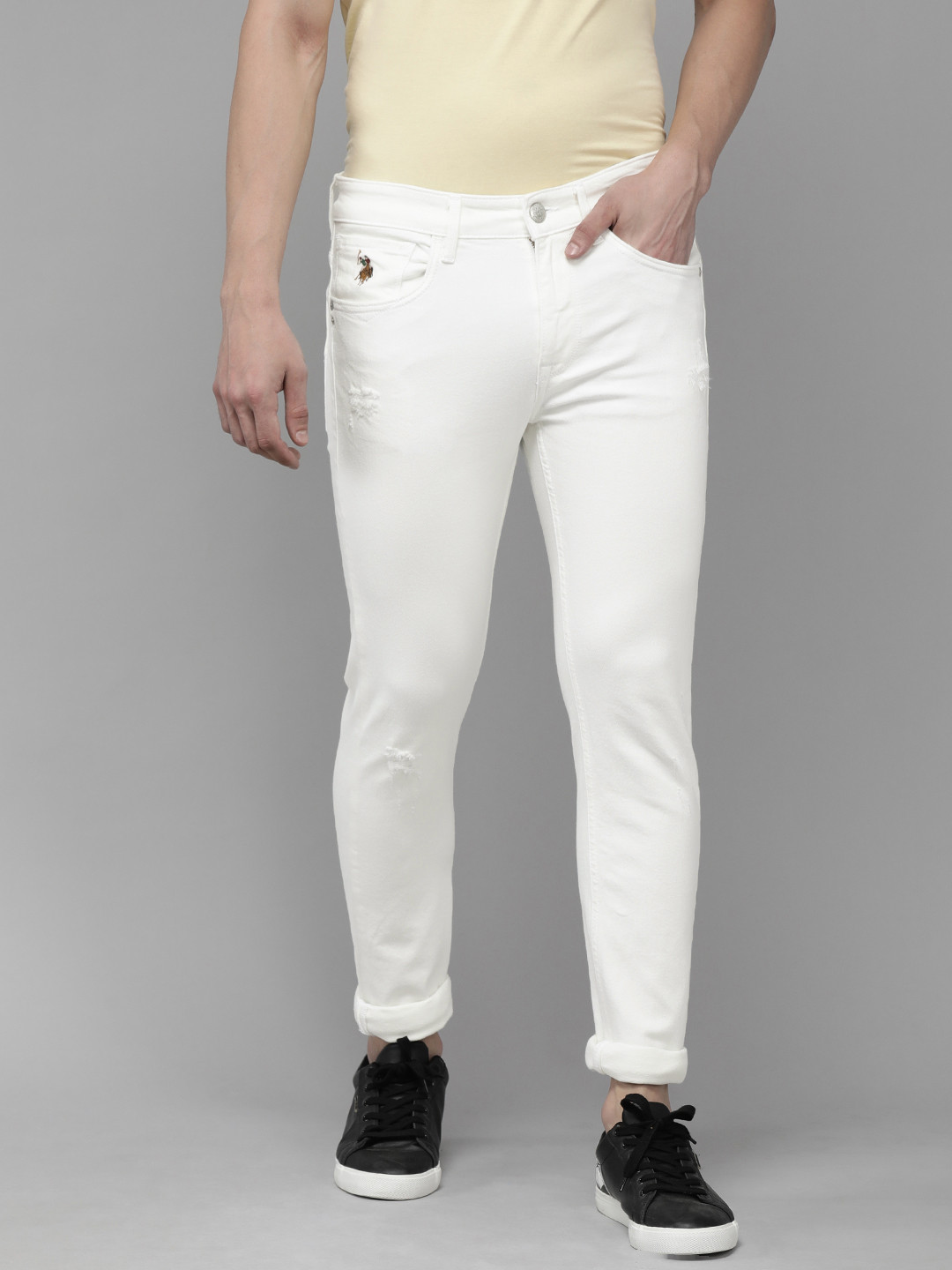 

U.S. Polo Assn. Denim Co. Men White Skinny Fit Low Distress Mid-Rise Stretchable Jeans