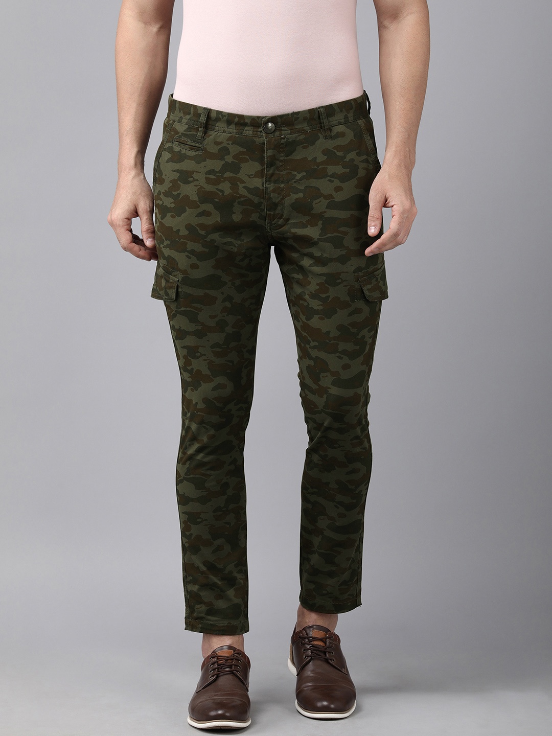 

U S Polo Assn Denim Co Men Olive Green Camouflage Printed Gatsby Tapered Fit Trousers