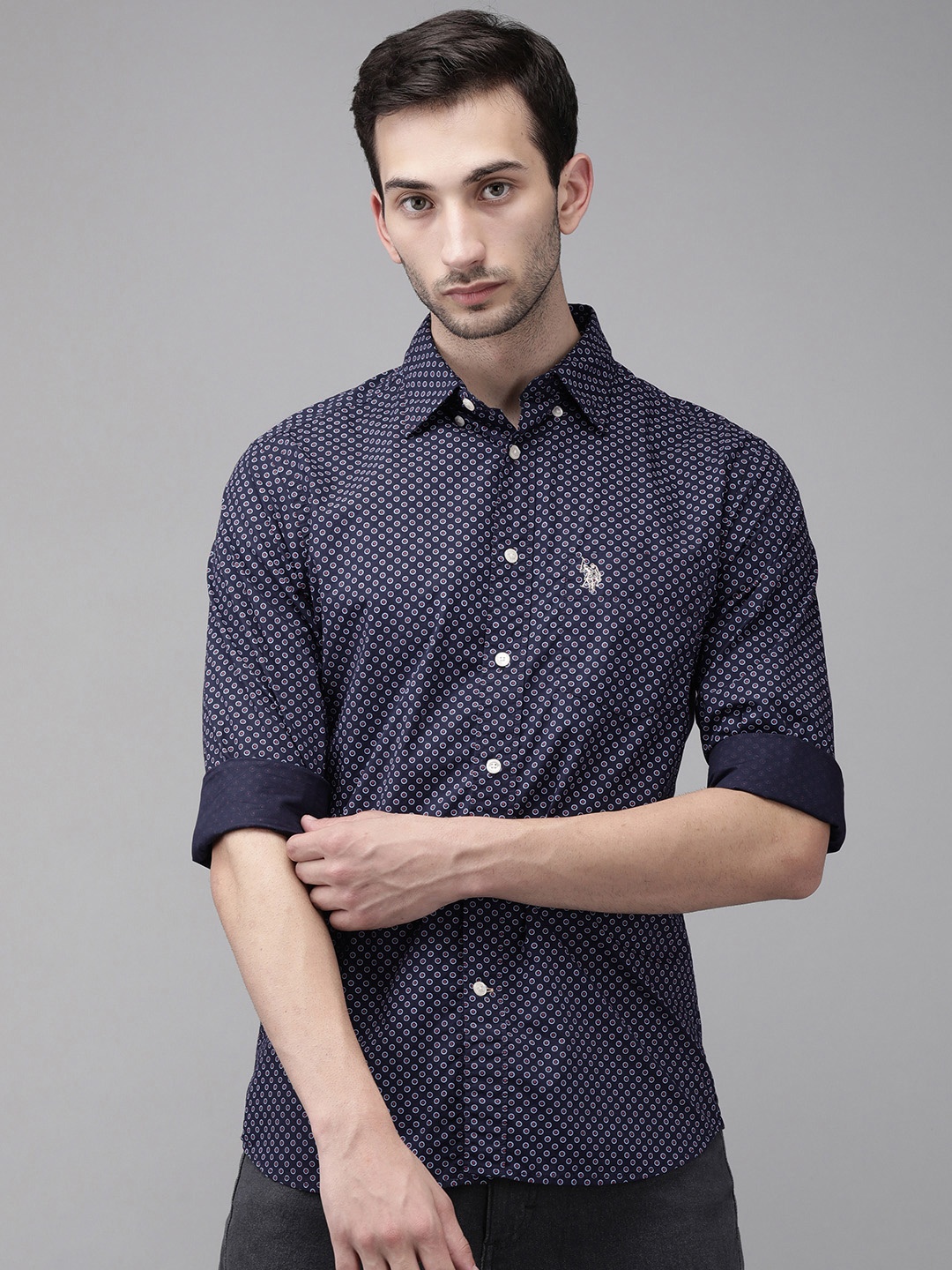 

U. S. Polo Assn. Men Navy Blue Opaque Printed Pure Cotton Casual Shirt