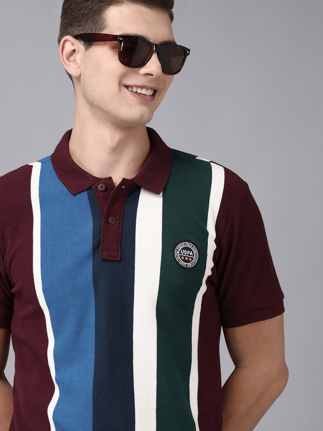 

U S Polo Assn Men Purple & White Striped Slim Fit Pure Cotton T-shirt