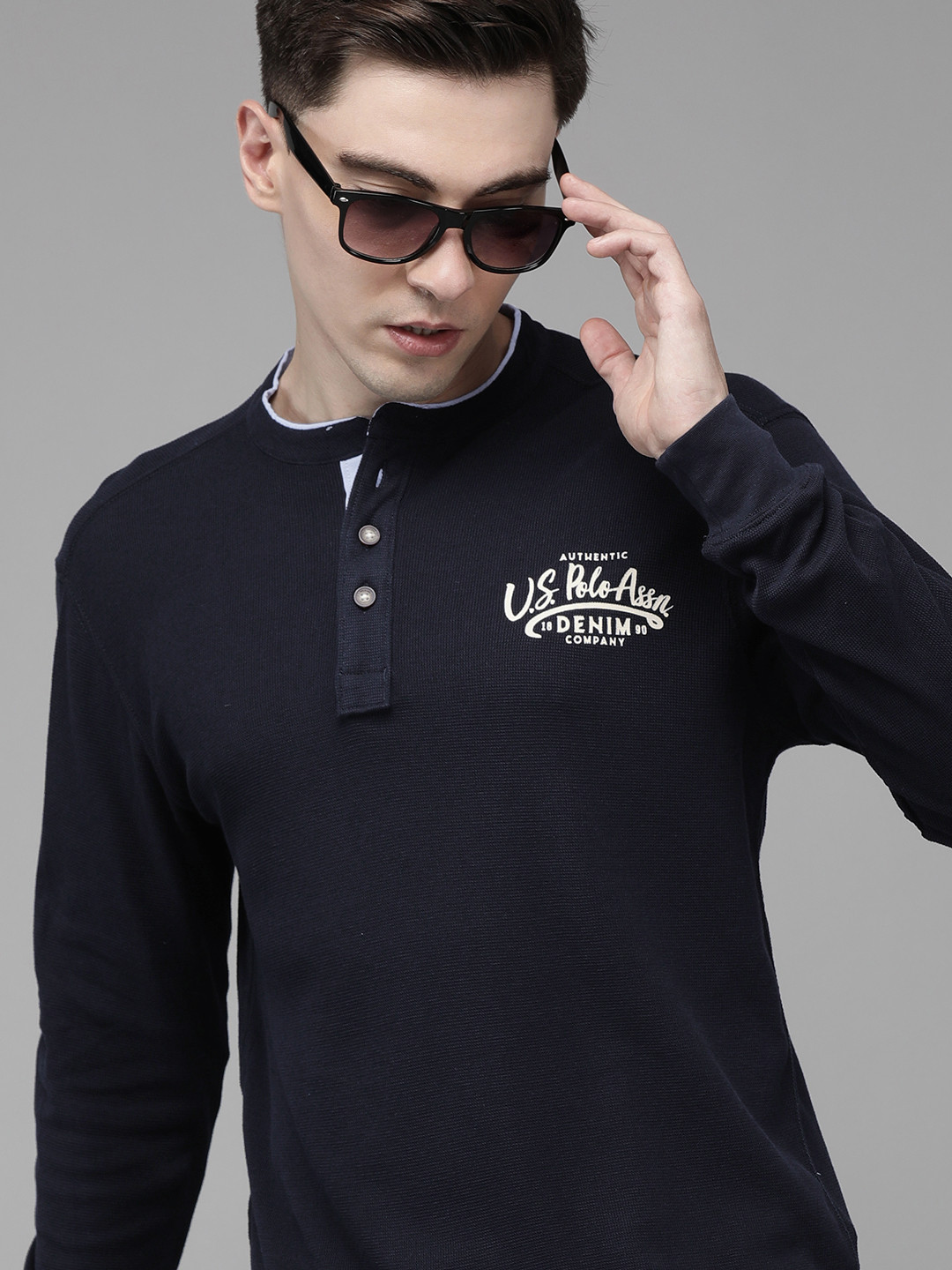 

U.S. Polo Assn. Denim Co. Men Navy Blue Typography Printed Henley Neck T-shirt
