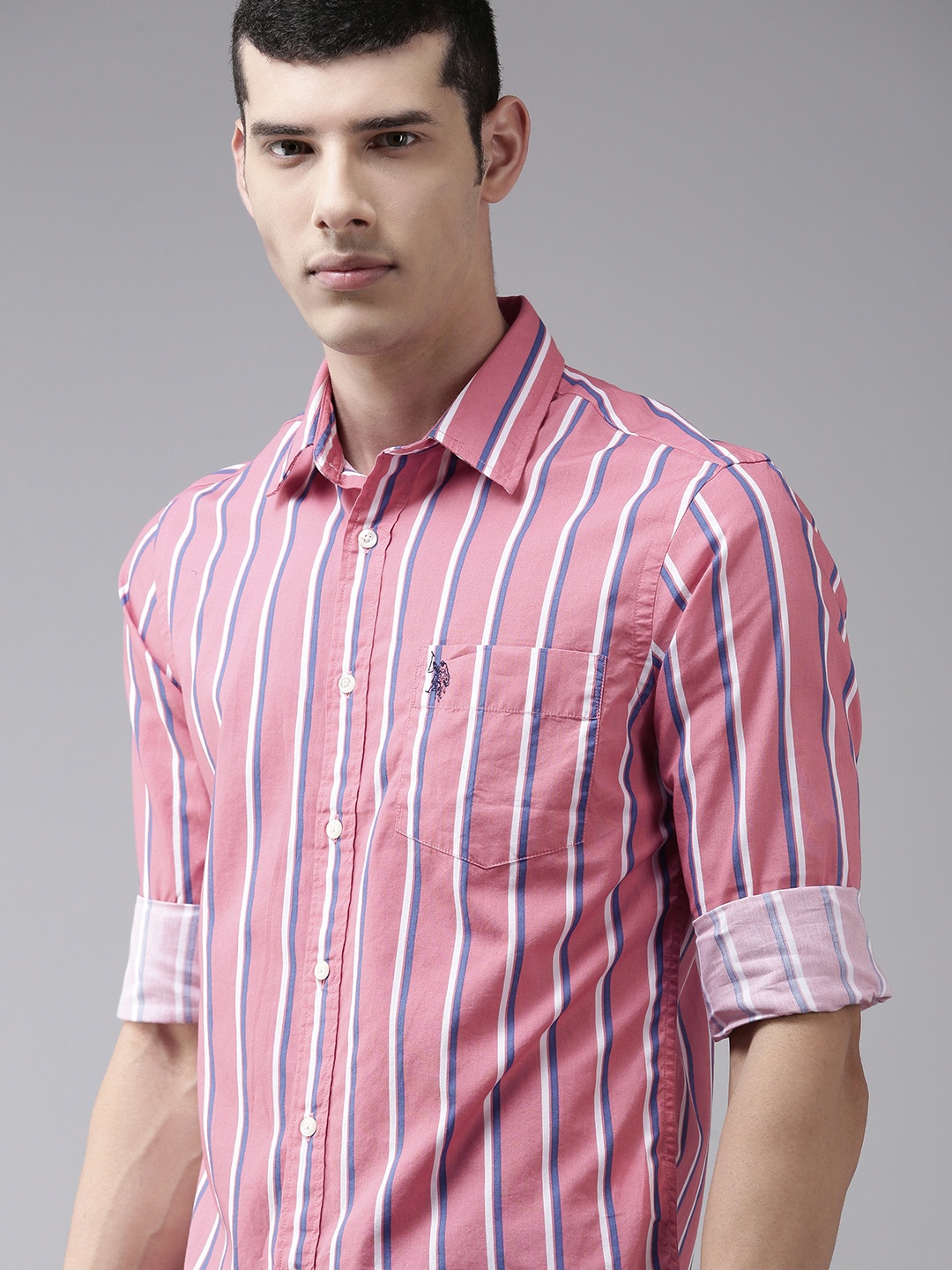 

U S Polo Assn Men Pink Vertical Striped Tailored Fit Pure Cotton Casual Shirt