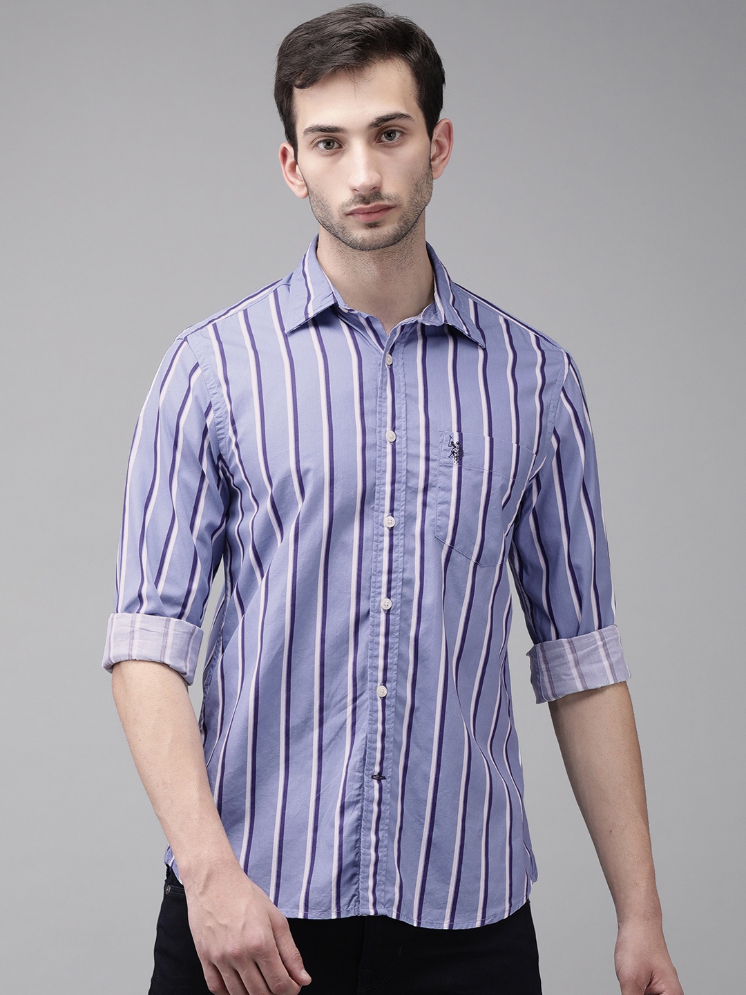 

U. S. Polo Assn. Men Blue Multi Stripes Opaque Pure Cotton Casual Shirt