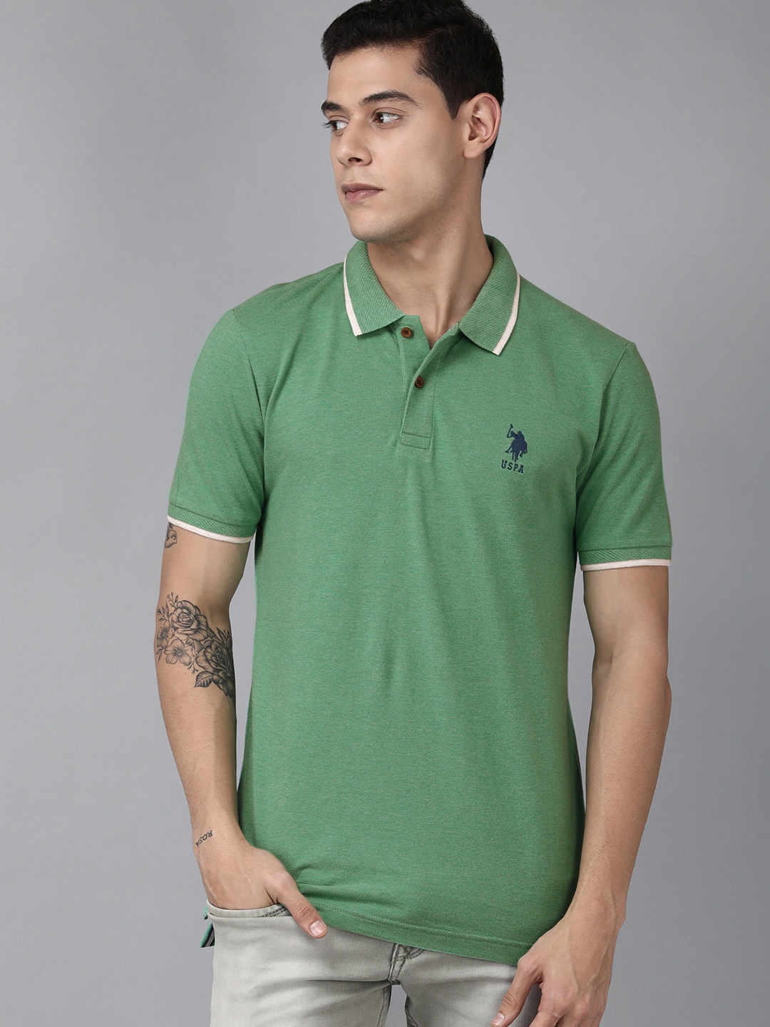 

U S Polo Assn Men Green Solid Polo Collar Slim Fit T-shirt