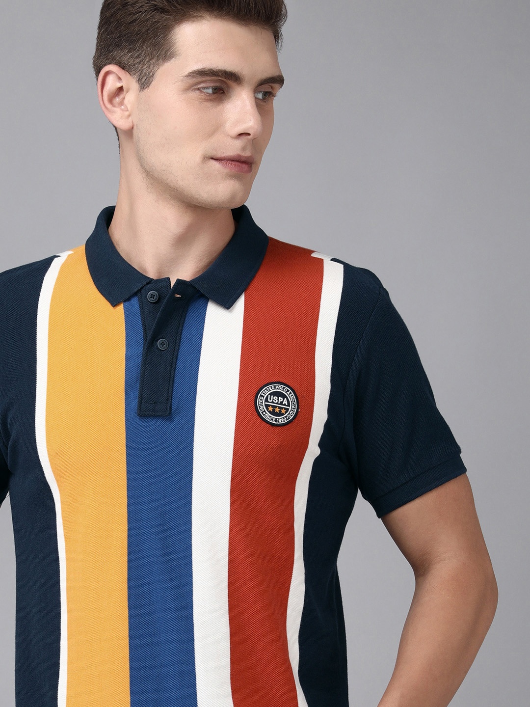 

U S Polo Assn Men Multicoloured Striped Polo Collar Slim Fit T-shirt, Multi
