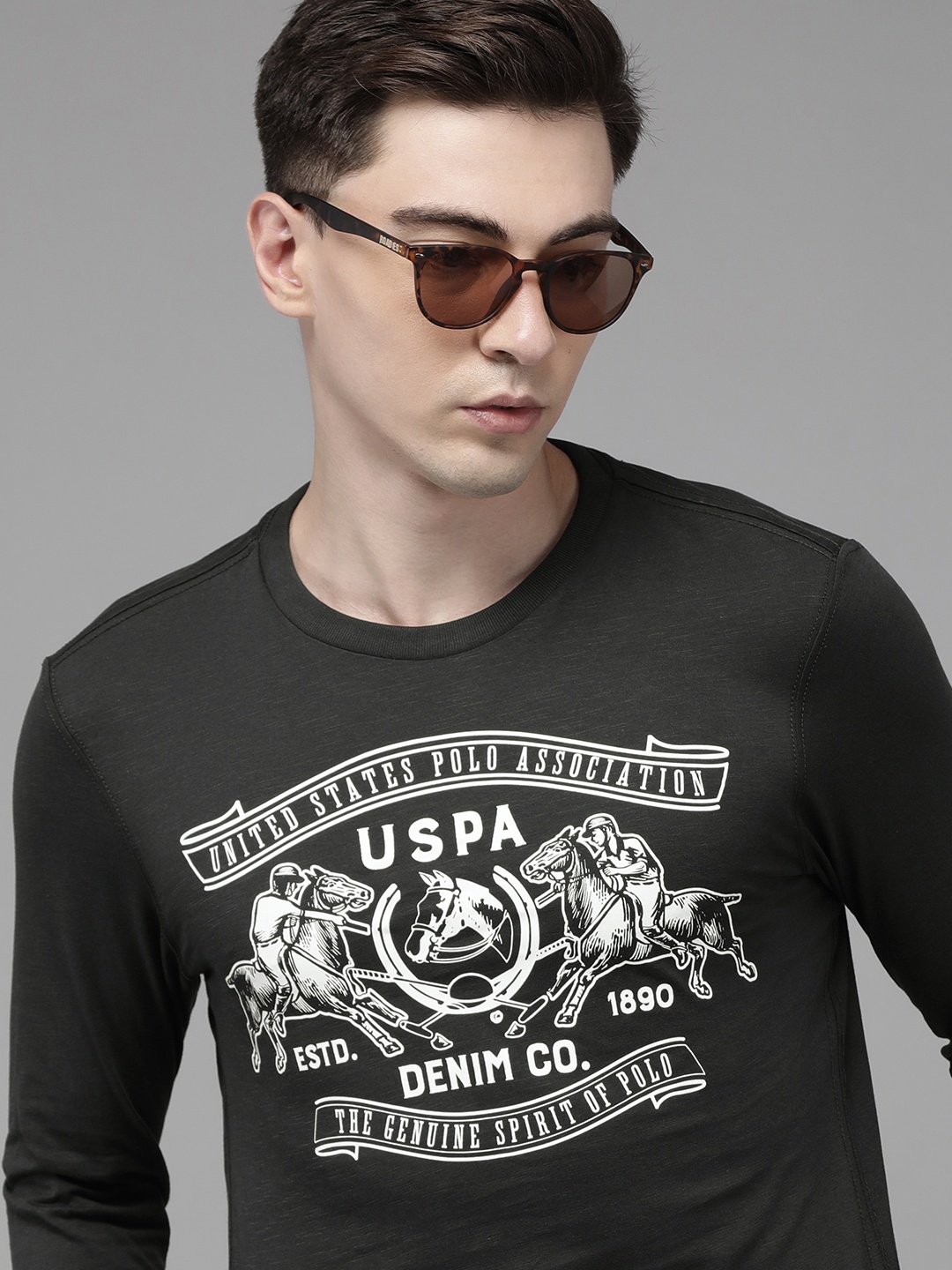 

U S Polo Assn Denim Co Men Charcoal Grey Brand Logo Printed T-shirt