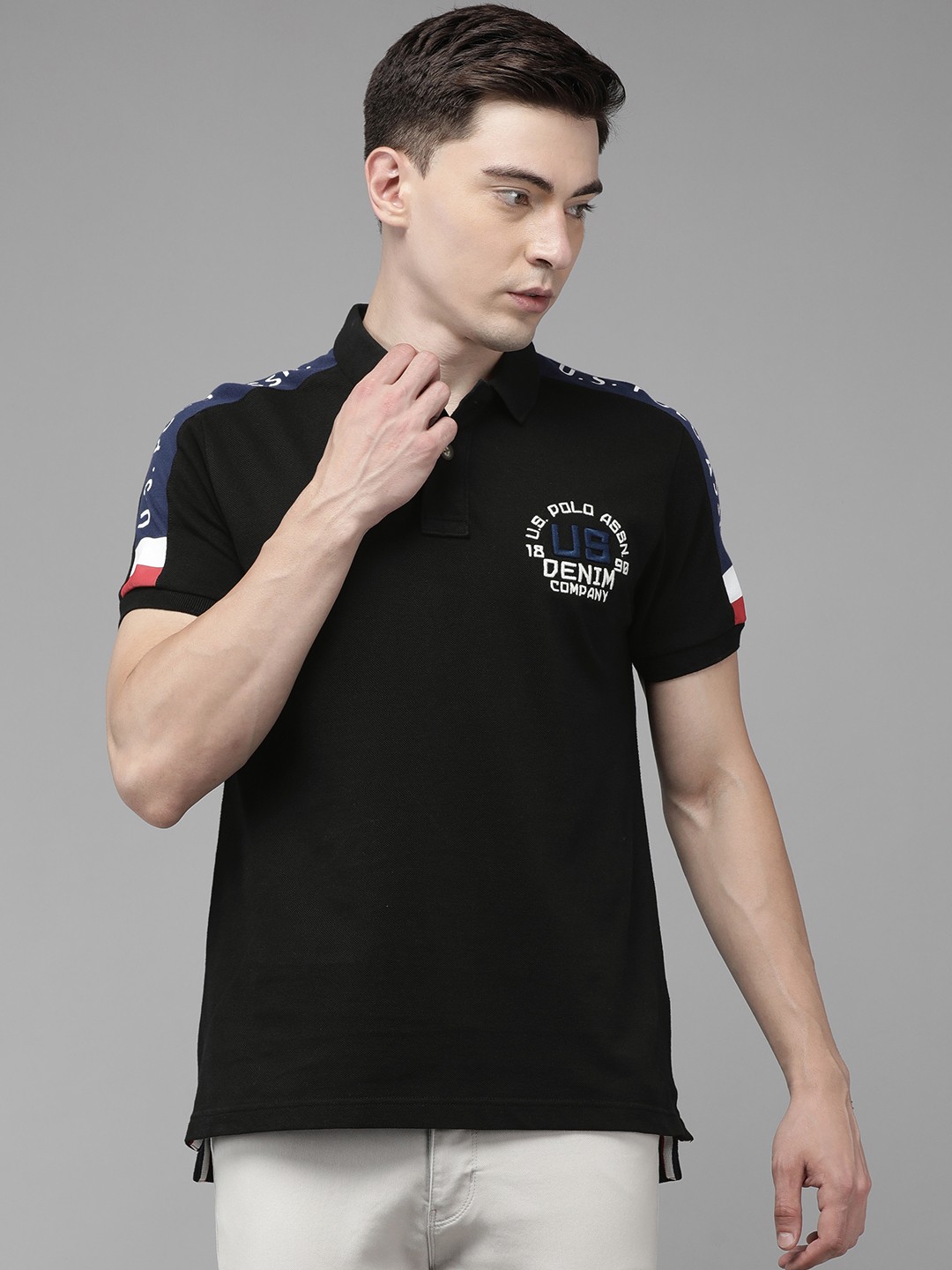 

U S Polo Assn Denim Co Men Black Polo Collar T-shirt with Printed Detail