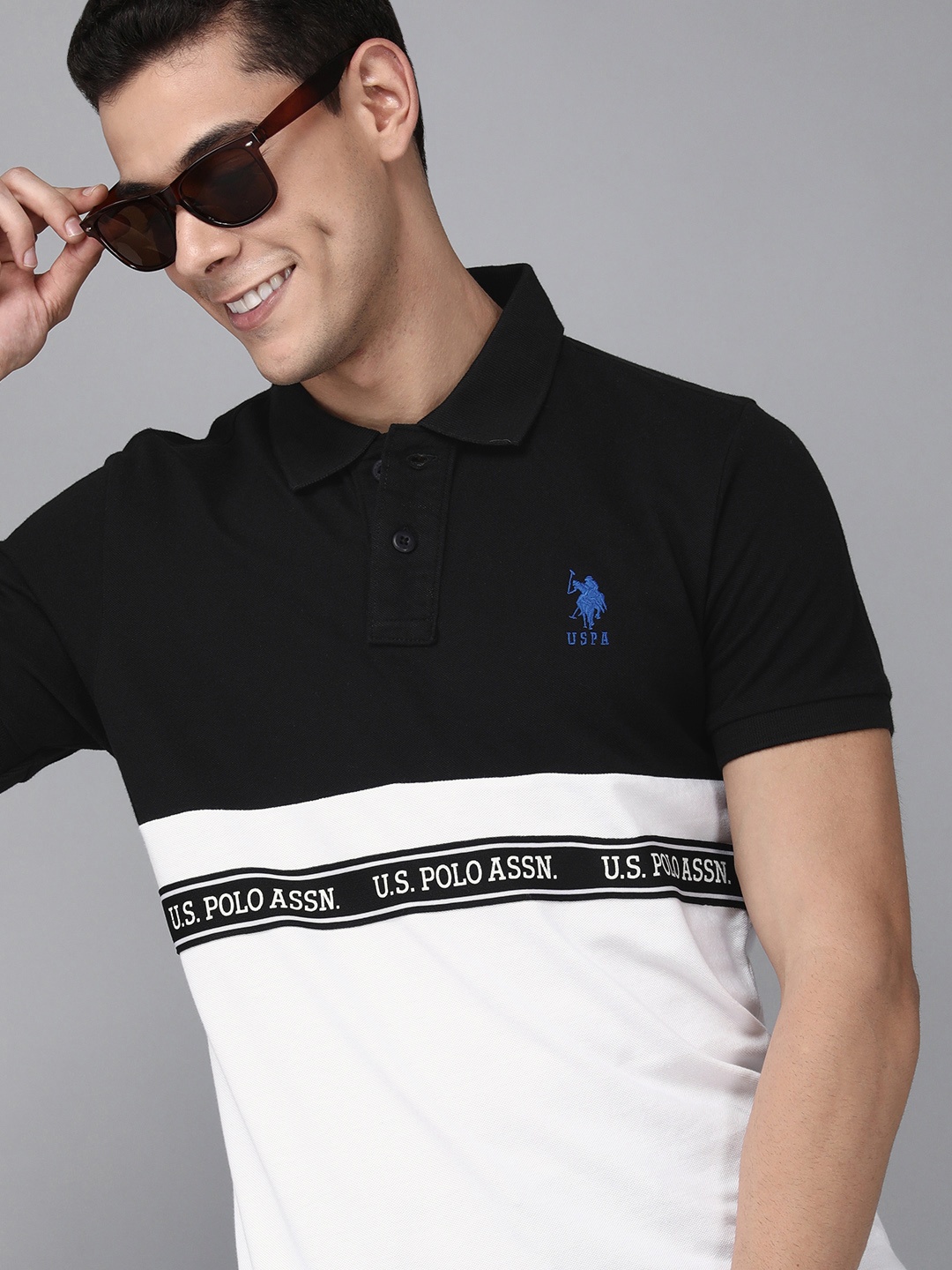 

U S Polo Assn Men Black & White Colourblocked Polo Collar Slim Fit T-shirt