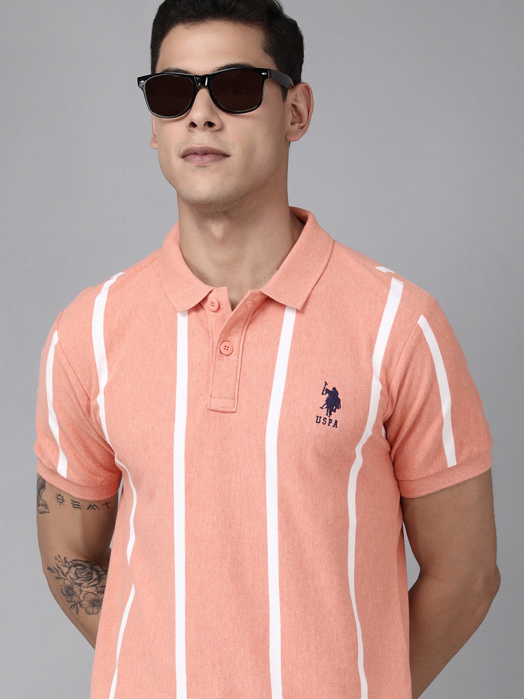 

U S Polo Assn Men Pink & White Striped Slim Fit Pure Cotton T-shirt