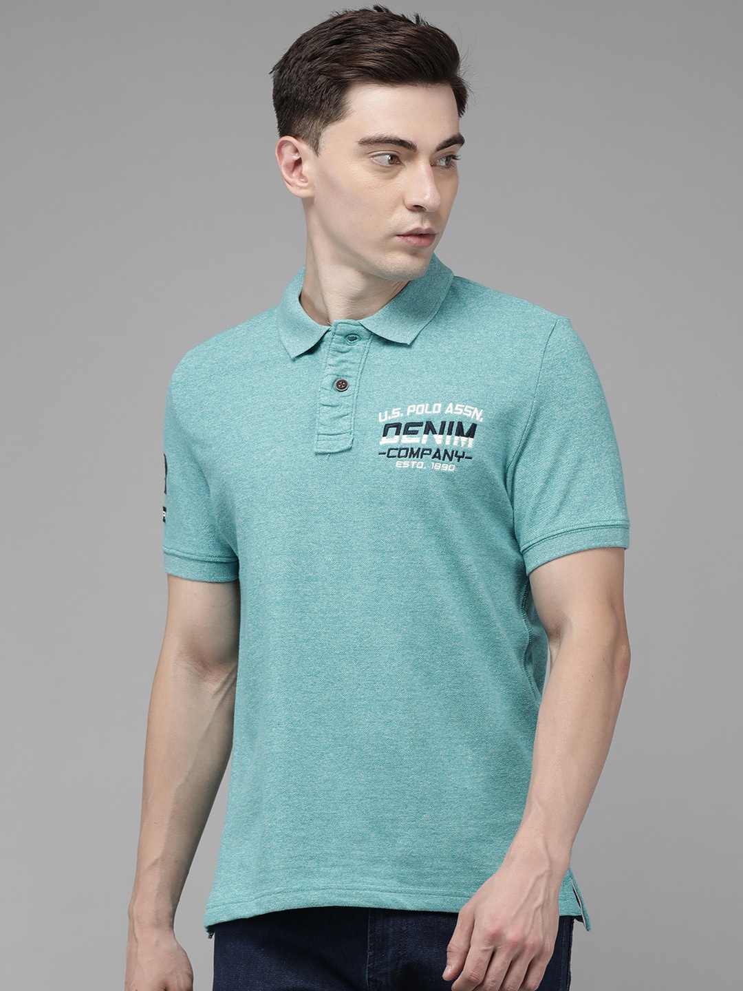 

U.S. Polo Assn. Denim Co. Men Teal Green Solid Brand Logo Embroidered T-shirt