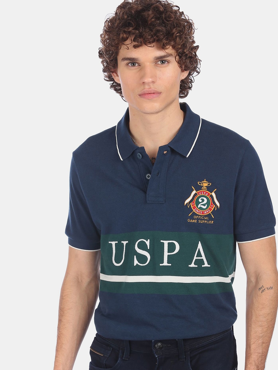 

U.S. Polo Assn. Men Blue & Green Printed Polo Collar Slim Fit T-shirt